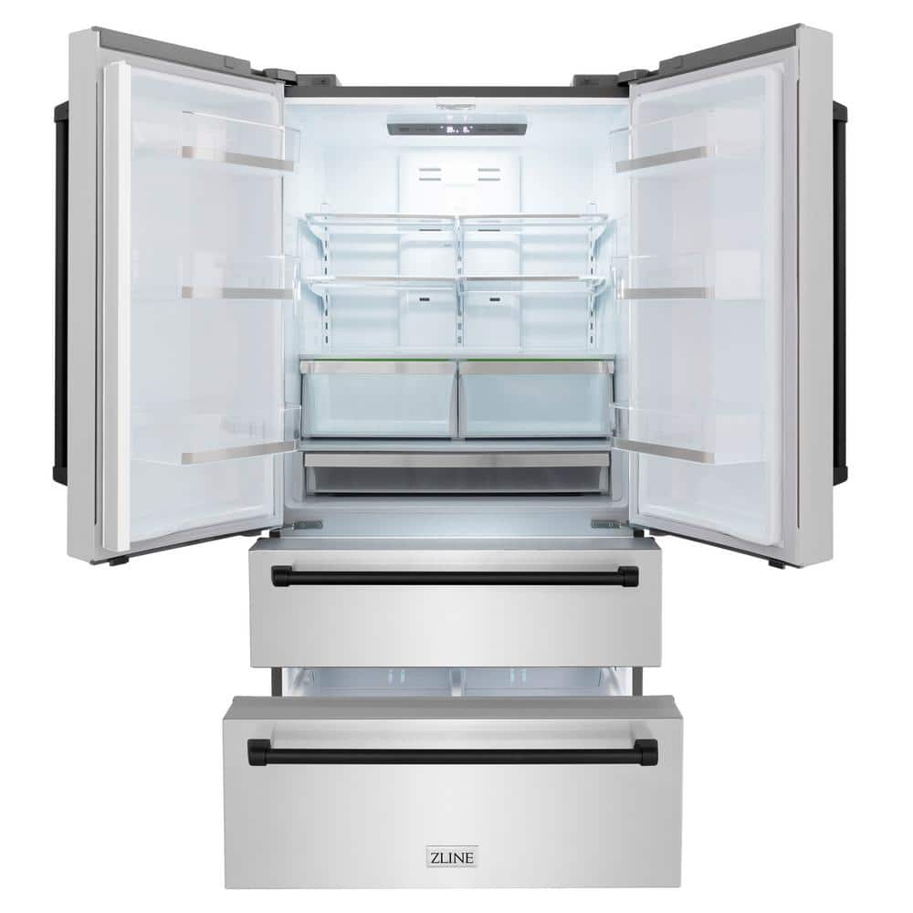 ZLINE 36" Matte Black Stainless Steel French Door Refrigerator with Ice Maker