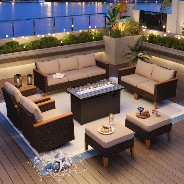 PHI VILLA Brown Rattan Wicker 9-Seat 10-Piece Steel Outdoor Fire Pit Patio Set with Beige Cushions, 2 Swivel Sofas and 2 Ottomans