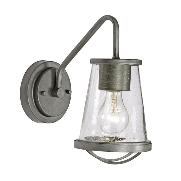 Designers Fountain Darby 5.75 in. 1-Light Weathered Iron Industrial Wall Sconce with Clear Seeded Glass Shade
