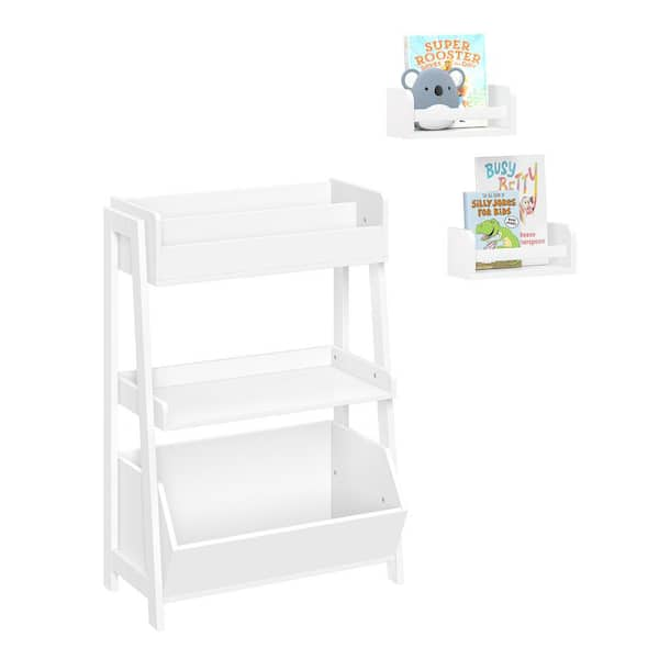 RiverRidge Home Kids 3 Tier Ladder Shelf with Bookrack Toy Organizer and 2 Bonus 10 Floating Bookshelves White