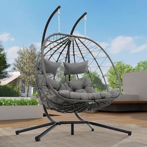 2 Person PE Rattan Wicker Outdoor Patio Garden Egg Chair with Stand Hanging Basket and Gray Seat Cushion