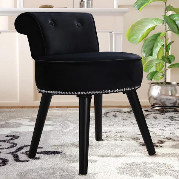 25.1 in. H Black Makeup Vanity Velvet Upholstered Stool, Makeup Chair with Black Finished Wood Legs
