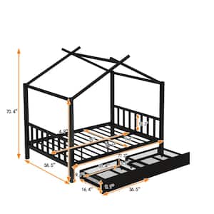 Black Metal Frame Full Size House Platform Bed with 2-Drawers, Headboard and Footboard, Roof Design