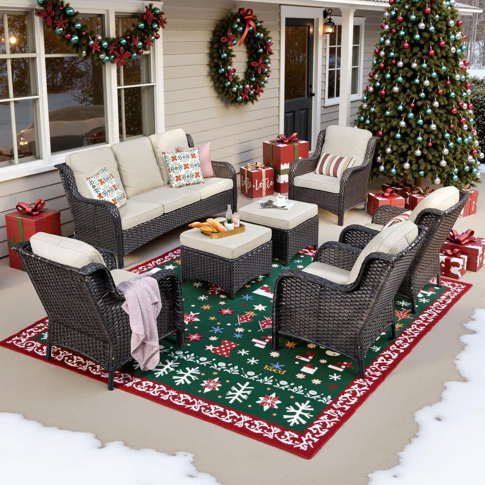 Clario 7-Piece Wicker Outdoor Patio Conversation Set with Beige Cushion and 4 Single Chairs for Backyard, Deck price history on PriceWatchPro