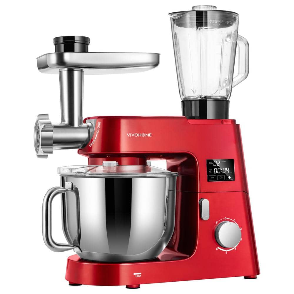 7.5 qt. 6-Speed Red 9 in 1 Stainless Steel Multifunctional Stand Mixer with Fermentation and Timer