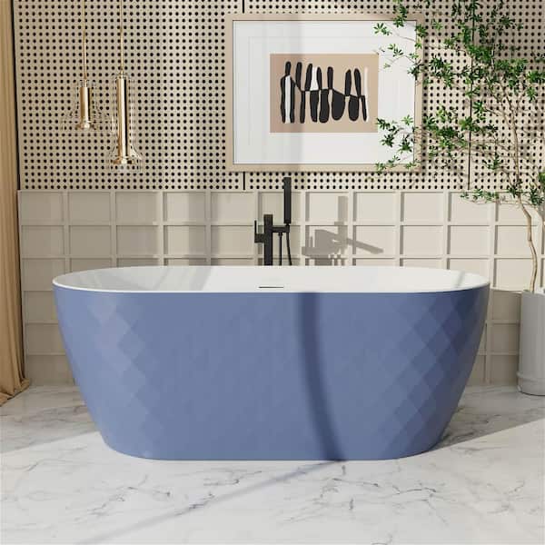 MYCASS 59 in. x 28 in. Freestanding Double Slipper Acrylic Soaking Bathtub with Center Drain in Blue