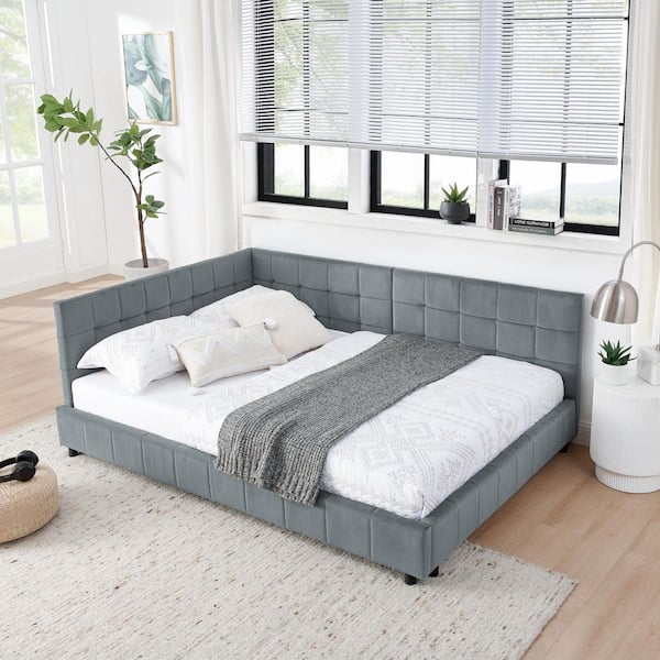 Vela Gray Frame Modern Upholstered Velvet Full Size Platform Bed with Tufted, Eucalyptus Wood