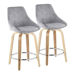 Diana 24.75 in. Grey Corduroy, Zebra Wood and Chrome Metal Fixed Counter Height Bar Stool with Round Footrest (Set of 2)