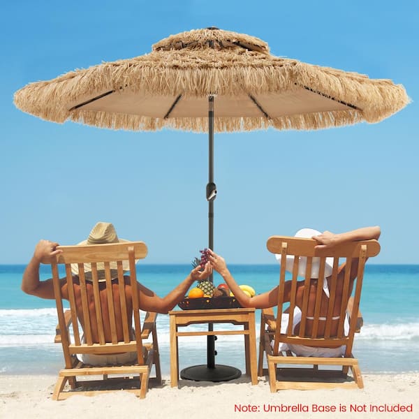 9 ft. Solar Powered Thatched Tiki Patio Umbrella Beach Umbrella in Natural Color with 32 LED Lights and 8 Sturdy Ribs