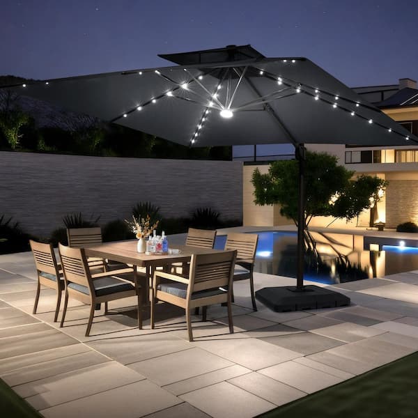 9 ft. x 11 ft. Rectangular Solar LED Lighted Outdoor Cantilever 360° Rotation Patio Umbrella in Gray with 240 lbs. Base