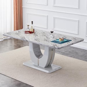 Modern Rectangle Grey Faux Marble Pedestal Dining Table Seats for 6 (71.00 in. L x 30.00 in. H)