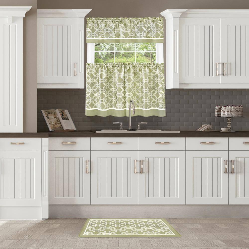 Green Geometric Polyester Curtain Tier and Valance Set