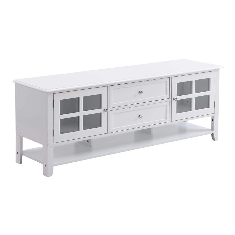 59.1 in. W x 15.7 in. D x 21.7 in. H White Linen Cabinet with 2 Glass Doors and TV Stand Fits TV's up to 60 in