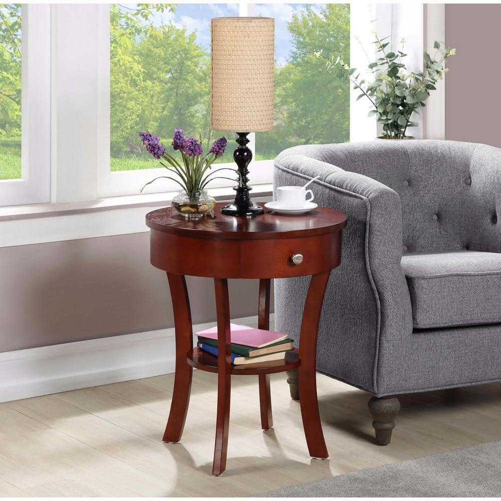 Mahogany Round Wood and Metal End Table with Storage