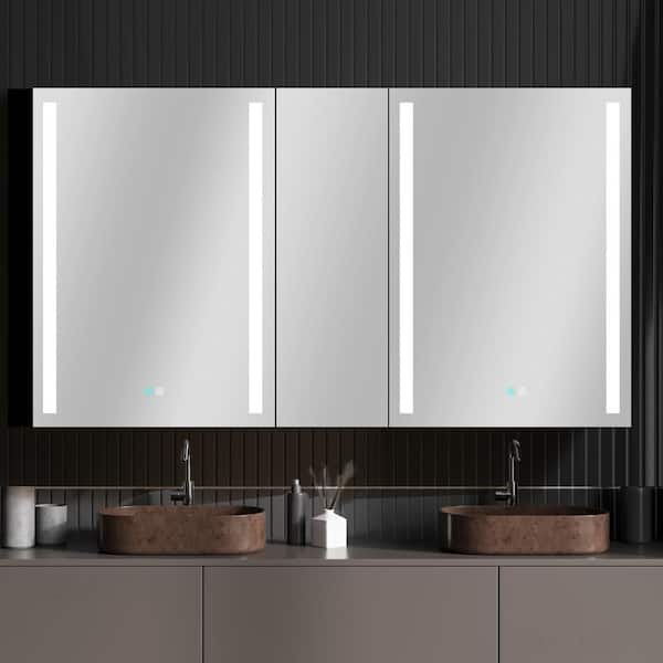 Zeafive 50 in. W x 30 in. H Rectangular Black Aluminum Surface Mount Bathroom Medicine Cabinet, Mirror and Lights and Defogger