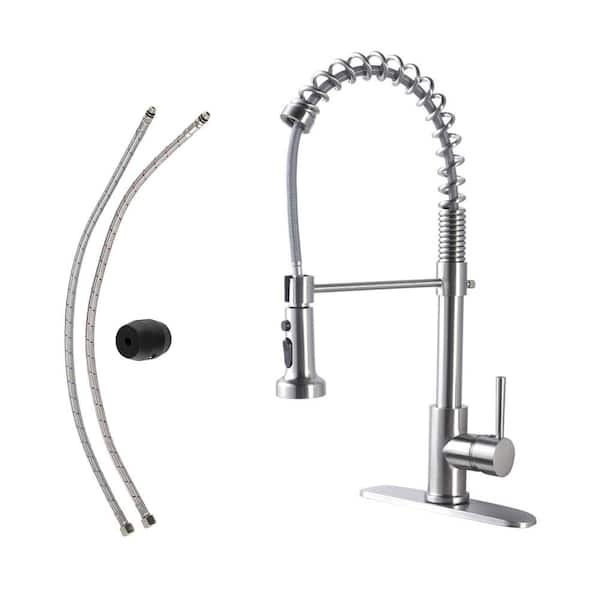 Logmey Single-Handle Pull-Out Sprayer Kitchen Faucet with Deck Plate in Brushed Nickle