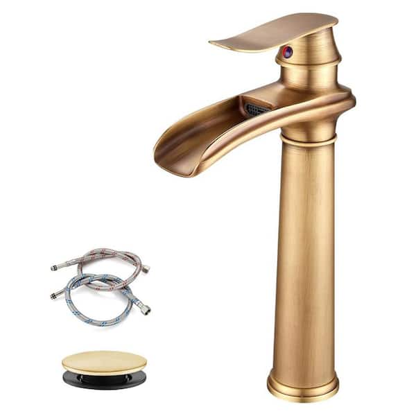 Unbranded Waterfall Single Handle Single Hole Tall Spout Bathroom Vessel Sink Faucet With Pop-Up Drain Assembly in Antique Brass