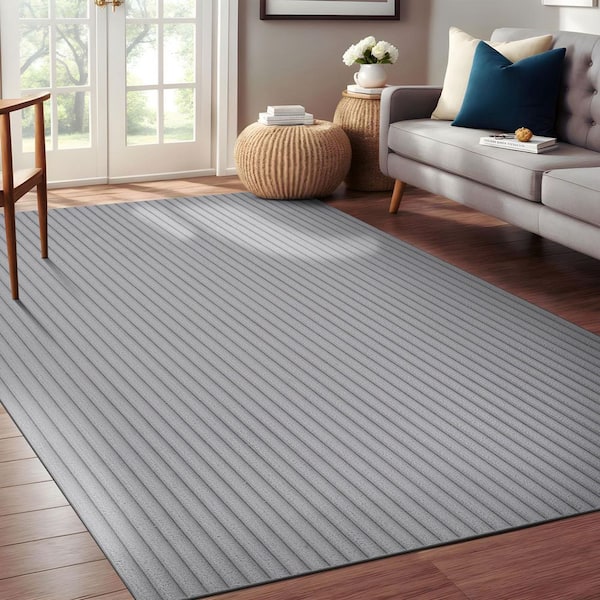 UltraPlush Touch 5 ft. x 7 ft. Grey Non-Slip Rubber Back Washable Polyester Stripes Indoor Area Rug
