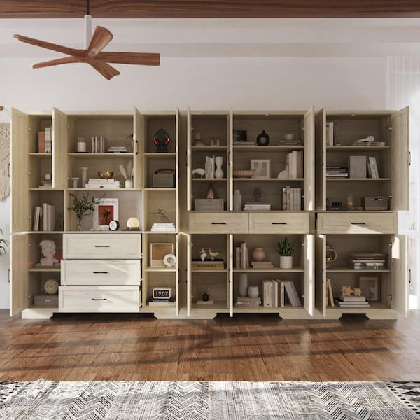 White Oak 78.7 in. Accent Cabinet Office Storage Cabinet with 28 Shelves, 6 Drawers, Adjustable Shelves, Anti-Tip Kit