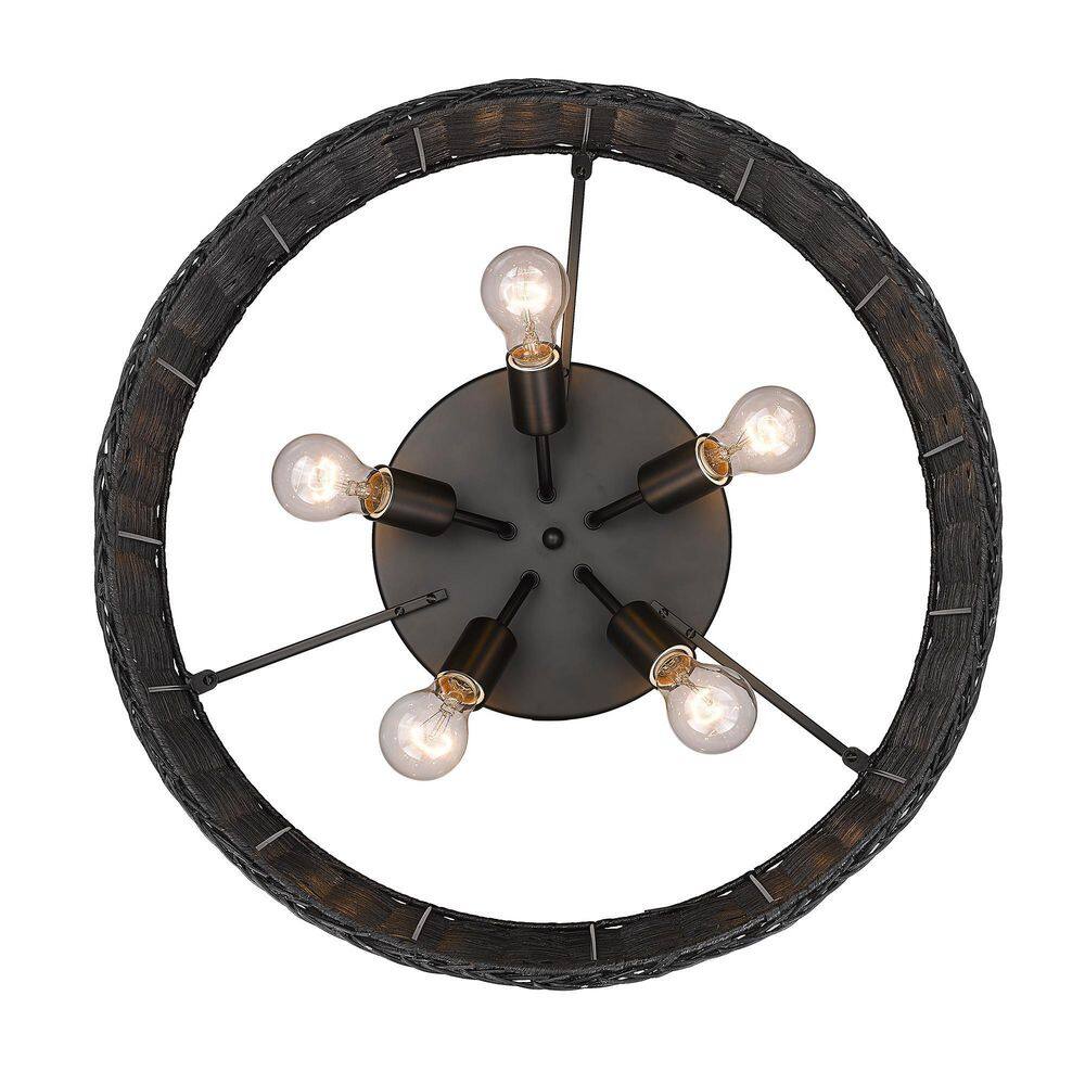 Erma Matte Black Woven Wicker 22'' Drum Flush Mount Light