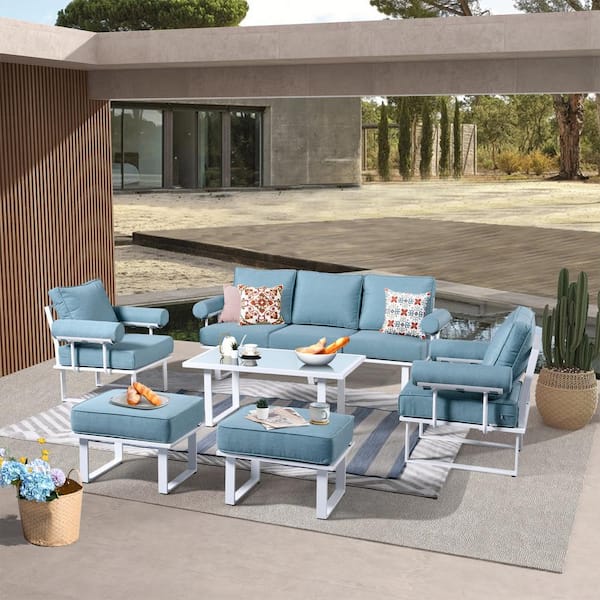 HOOOWOOO Teton Grand White 6-Piece Aluminum Outdoor Patio Conversation Sofa Set with Lake Blue Cushions