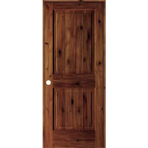 32 in. x 80 in. Knotty Alder 2 Panel Right-Hand Sq. Top V-Groove Red Chestnut Stain Wood Single Prehung Interior Door
