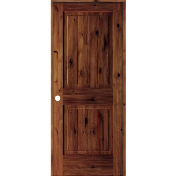 Krosswood Doors 32 in. x 80 in. Knotty Alder 2 Panel Right-Hand Sq. Top V-Groove Red Chestnut Stain Wood Single Prehung Interior Door