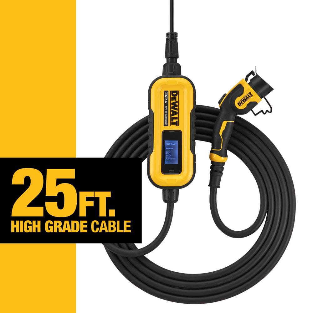 DEWALT Yellow and Black Portable Level 2 Electric Vehicle Charger with 25 ft Cable