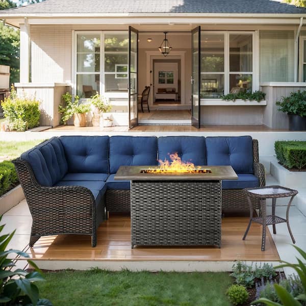 5-Piece Curved Armrest Rattan Wicker Patio Conversation Outdoor Corner Sofa Seating Set with Cushions (Brown/Blue)