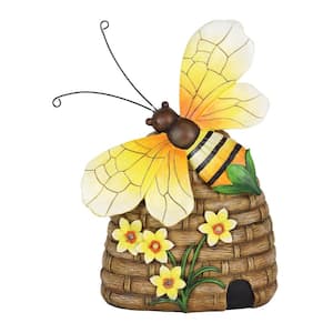 Solar Hand Painted Bee Hive with LED Flowers Garden Statue