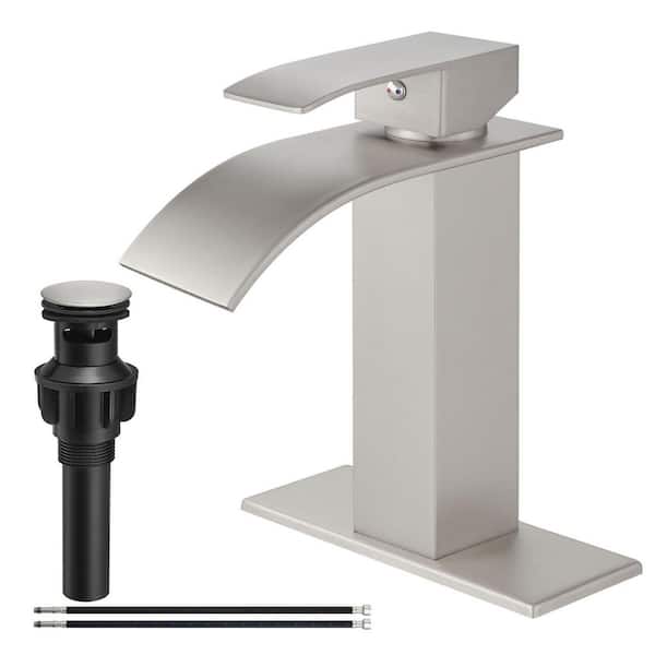 Single Handle Single Hole Waterfall Spout Bathroom Sink Faucet with Pop up Drain in Brushed Nickel