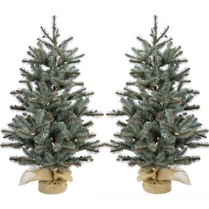 2 ft. Yardville Pine Artificial Christmas Porch Tree with Rustic Burlap Base and LED Lights (Set of 2)
