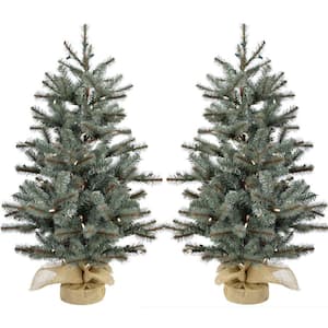 3 ft. Yardville Pine Artificial Christmas Porch Tree with Rustic Burlap Base and LED Lights (Set of 2)