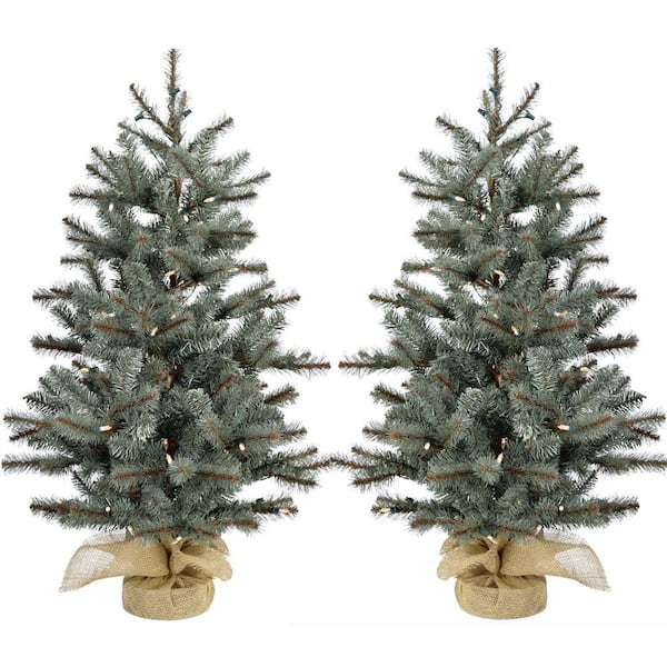 Christmas Time 4 ft. Yardville Pine Artificial Christmas Porch Tree with Rustic Burlap Base and LED Lights