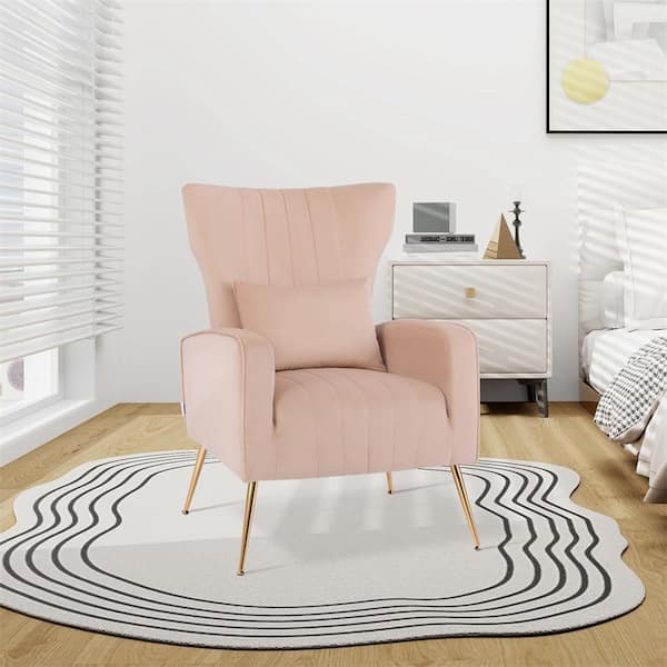 Costway Pink Velvet Wingback Upholstered Arm Chair with Lumbar Pillow and Golden Metal Legs