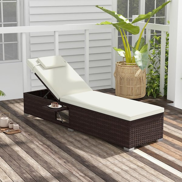 FORCLOVER PE Wicker Outdoor Chaise Lounge with White Cushions and 6-Level Backrest