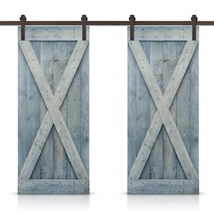 76 in. x 84 in. X Series Denim Blue Stained Solid Knotty Pine Wood Interior Double Sliding Barn Door with Hardware Kit