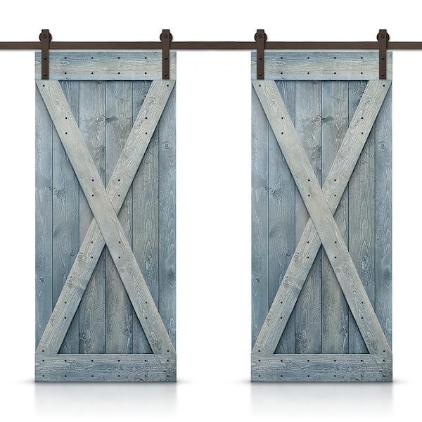 CALHOME X Series 84 in. x 84 in. Pre-Assembled Denim Blue Stained Wood Interior Double Sliding Barn Door with Hardware Kit