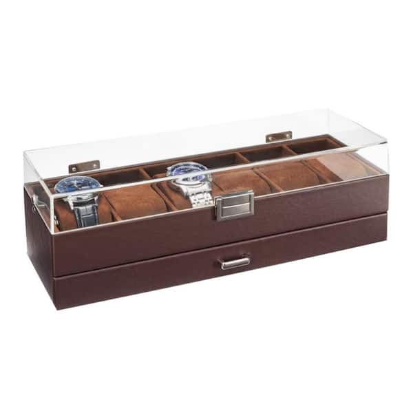 Unbranded 6-Slot Watch Box with Acrylic Lid and Drawer 2-Layer Faux Leather Organizer Brown 13.2 in. x 4.65 in. x 4.33 in.