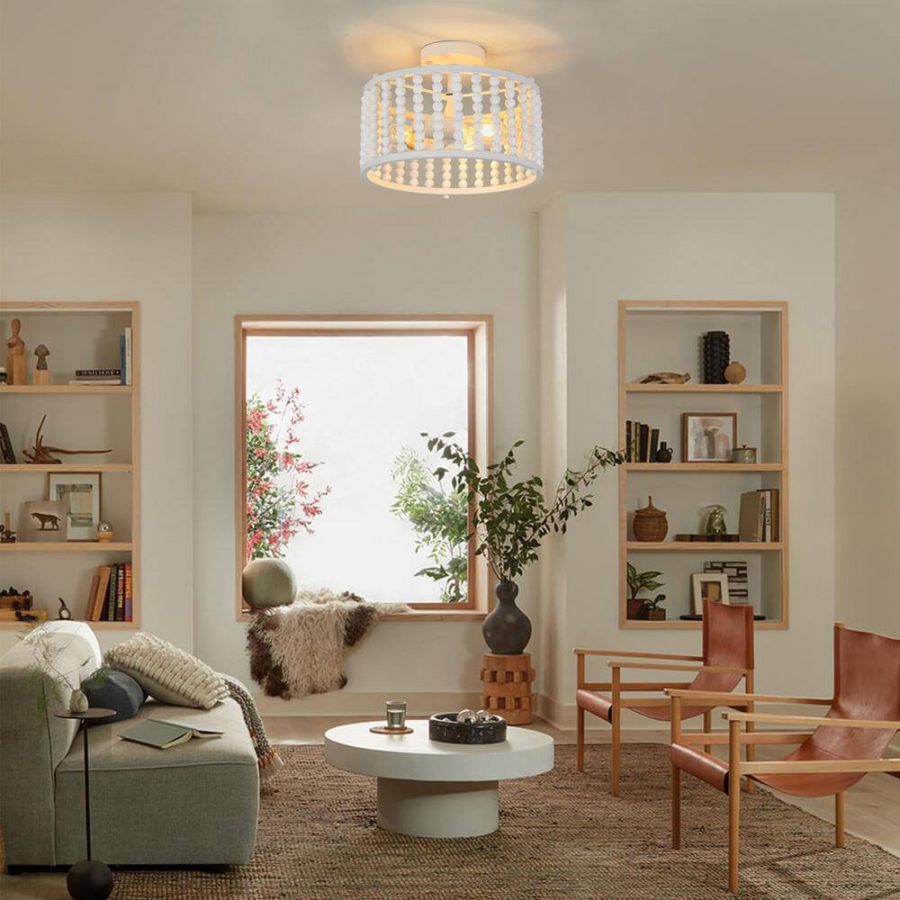 12.6" White Beaded Metal Farmhouse Semi-Flush Mount Light