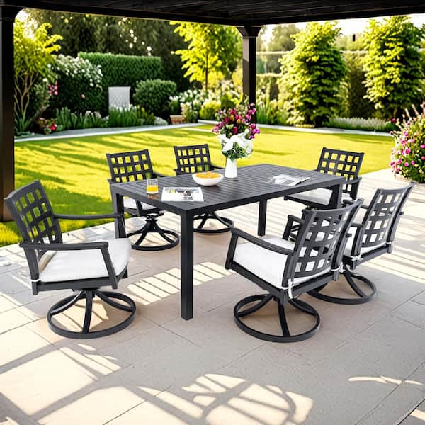 7-Piece Black Aluminum Outdoor Dining Set Swivel Chairs with Sunbrella Cushions and Swivel Rockers