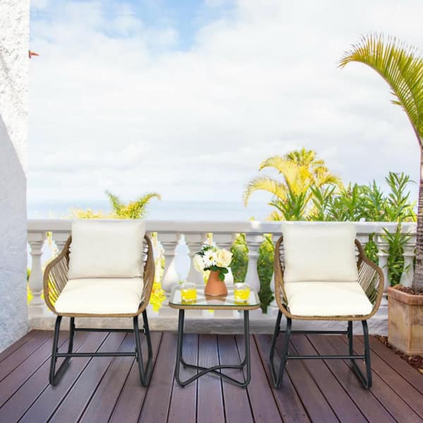 3-Piece Wicker Square Outdoor Bistro Set with White Cushions