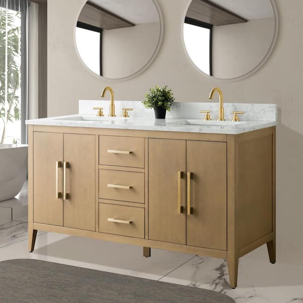 60 in. W x 22 in. D x 34 in. H Double-Sink Bathroom Vanity in Natural Oak with Engineered Marble Top in Arabescato White