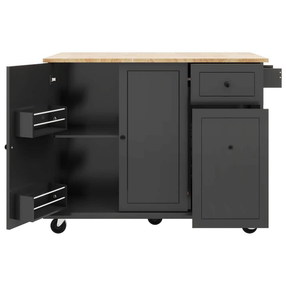 Black Rubber wood Drop-Leaf Countertop 53.9 in. Kitchen Island on 5 Wheels 