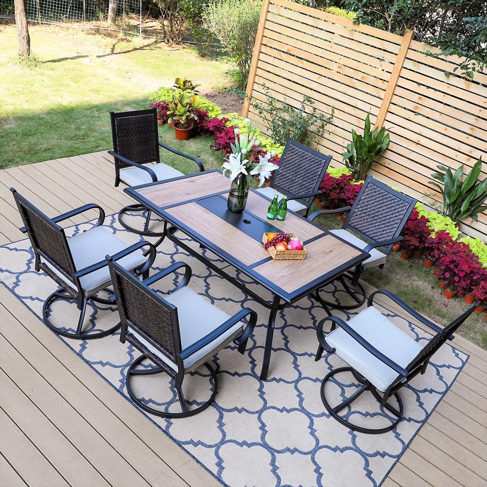 PHI VILLA Black 7-Piece Metal Patio Outdoor Dining Set with Geometric ...