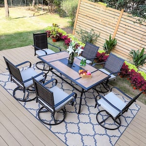 Black 7-Piece Metal Patio Outdoor Dining Set with Geometric Rectangle Table and Rattan Swivel Chairs with Beige Cushion
