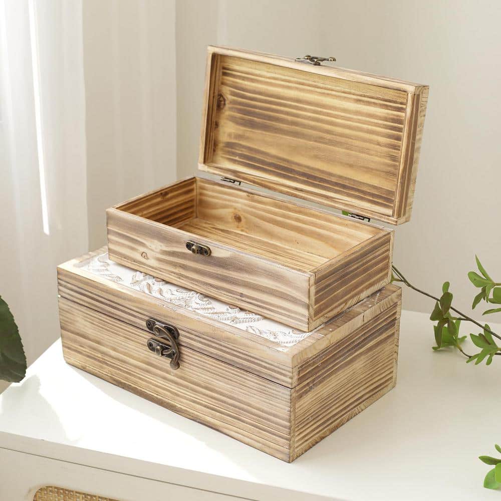 Light Brown and White Pine Wood Decorative Box Set with Hinged Lids