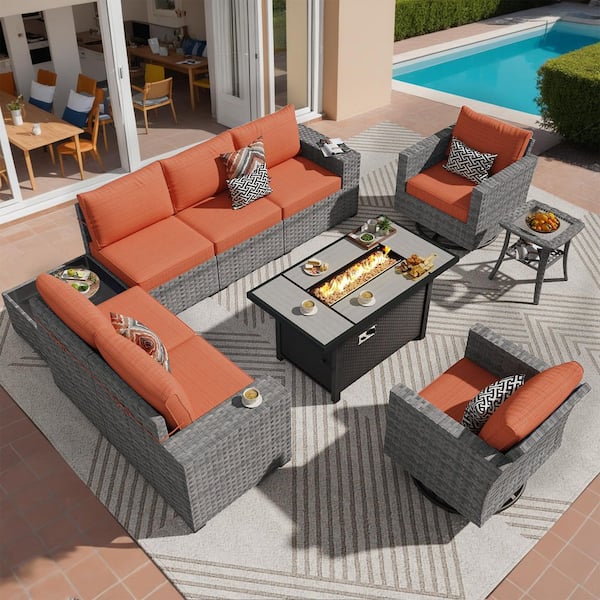 Bissty Gray 10-Piece Wicker Wide Arm Patio Conversation Set with Orange Red Cushions and Swivel Rocking Chairs