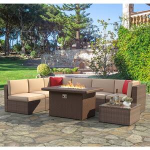 Brown 8-Piece Wicker Patio Fire Pit Conversation Set, Seating Sofa Set, Beige Cushion and Coffee Table