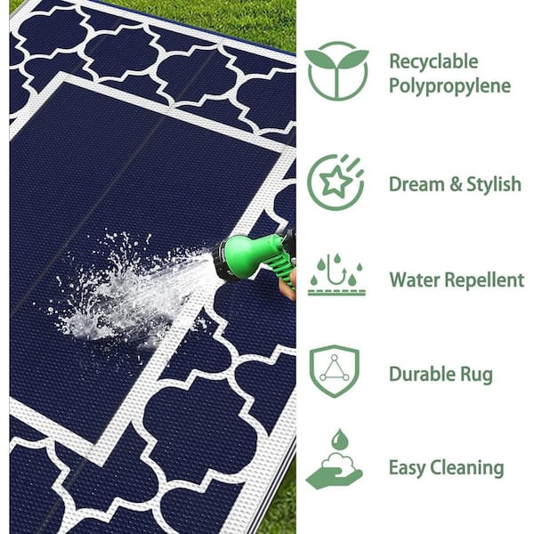 5 ft. x 8 ft. Outdoor Patio Rug Foldable Reversible Plastic Straw Area Rugs Mat in Navy Blue